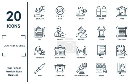 law and justice linear icon set. includes thin line complaint, test, magistrate, knife, oath, antenna, verdict icons for report, presentation, diagram, web design