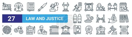 set of 27 outline web law and justice icons such as property, law, book, wanted, stamp, handcuffs, oath, parchment vector thin line icons for web design, mobile app.