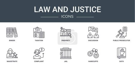 set of 10 outline web law and justice icons such as binder, taxation, property, discussion, public prosecutor, magistrate, complaint vector icons for report, presentation, diagram, web design,