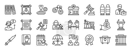 set of 24 outline web law and justice icons such as binder, wanted, stamp, handcuffs, police station, antenna, bullet vector icons for report, presentation, diagram, web design, mobile app