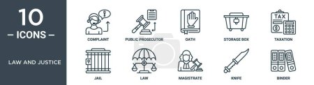 law and justice outline icon set includes thin line complaint, public prosecutor, oath, storage box, taxation, jail, law icons for report, presentation, diagram, web design