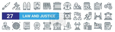 set of 27 outline web law and justice icons such as knife, antenna, bullet, magistrate, discussion, fingerprint, bribe, court vector thin line icons for web design, mobile app.