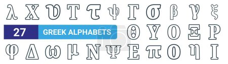 Satz von 27 umrissenen griechischen Web-Alphabeten Symbole wie lambda, chi, upsilon, sigma, upsilon, delta, epsilon, iota Vektor Thin Line Symbole für Web-Design, mobile App.
