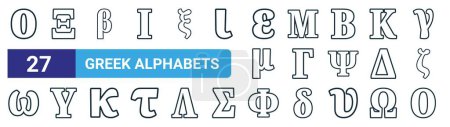 Téléchargez les illustrations : Jeu de 27 icônes d'alphabets grecs tels que omicron, xi, bêta, mu, gamma, upsilon, phi, omicron vecteur icônes de ligne mince pour la conception web, application mobile. - en licence libre de droit