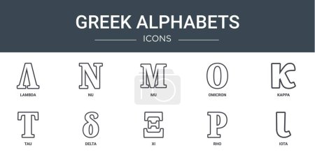 set of 10 outline web greek alphabets icons such as lambda, nu, mu, omicron, kappa, tau, delta vector icons for report, presentation, diagram, web design, mobile app