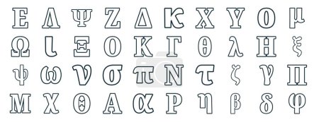 Satz von 40 umrissenen griechischen Web-Alphabeten Symbole wie Lambda, Omega, psi, mu, eta, mu, kappa Symbole für Bericht, Präsentation, Diagramm, Webdesign, mobile App