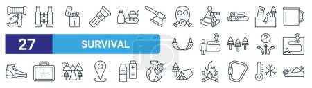 set of 27 outline web survival icons such as fishing, binocular, lighter, celestial, evacuation, first aid, campground, desert vector thin line icons for web design, mobile app.