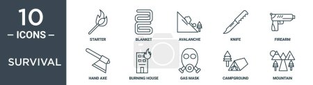 survival outline icon set includes thin line starter, blanket, avalanche, knife, firearm, hand axe, burning house icons for report, presentation, diagram, web design