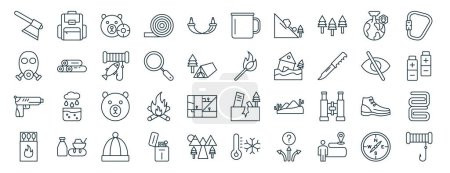 set of 40 outline web survival icons such as backpack, gas mask, firearm, matches, hiding, carabiner, mug icons for report, presentation, diagram, web design, mobile app