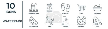 conjunto de iconos de contorno de parque acuático como piscina de línea fina, chancla, bañera, aletas, salvavidas, tobogán, iconos de sandía para informe, presentación, diagrama, diseño web
