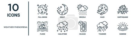 Wetterphänomene umreißen Symbolset wie dünne Linie Vollmond, Nieselregen, Erdbeben, Hagelschlag, Donner, Sonnenaufgang, Flutsymbole für Bericht, Präsentation, Diagramm, Webdesign