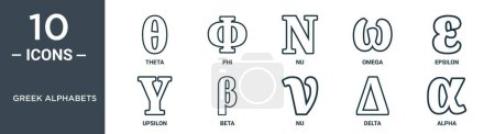 Ilustración de Conjunto de iconos de esquema de alfabetos griegos incluye theta línea delgada, phi, nu, omega, epsilon, upsilon, iconos beta para el informe, presentación, diagrama, diseño web - Imagen libre de derechos