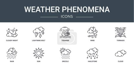 Satz von 10 umrissenen Webwetterphänomenen Symbole wie bewölkte Nacht, Blitz, Tsunami, Wind, Tornado, Regen, Sonnenvektorsymbole für Bericht, Präsentation, Diagramm, Webdesign, mobile App
