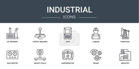 set of 10 outline web industrial icons such as oil refinery, circuit breaker, atm, labour, pumpjack, multimeter, weight scale vector icons for report, presentation, diagram, web design, mobile app