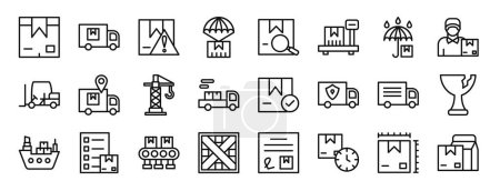 set of 24 outline web delivery logistics icons such as package box, drop shipping, warning, parachute, search, parcel weight, keep dry vector icons for report, presentation, diagram, web design,