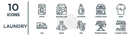 conjunto de iconos de esquema de lavandería, como secador de línea delgada, detergente, camisa, vestido, tabla de planchar, lavadero, iconos de automóviles para el informe, presentación, diagrama, diseño web