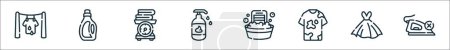 Umrisse von Wäscheleinen-Symbolen. lineare Vektorsymbole wie Trocknen, Reinigungsmittel, Gewicht, Flüssigseife, Waschbrett, Flecken, Kleidung, kein Dampf