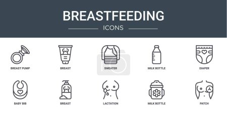 set of 10 outline web breastfeeding icons such as breast pump, breast, sweater, milk bottle, diaper, baby bib, breast vector icons for report, presentation, diagram, web design, mobile app
