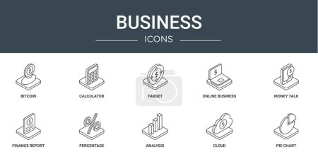 set of 10 outline web business icons such as bitcoin, calculator, target, online business, money talk, finance report, percentage vector icons for report, presentation, diagram, web design, mobile