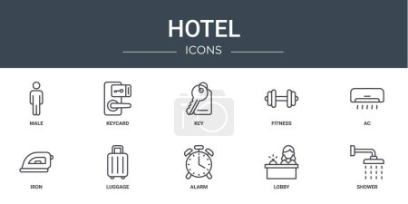 Téléchargez les illustrations : Jeu de 10 icônes de l'hôtel Web de contour tels que mâle, carte-clé, clé, fitness, ac, fer, icônes vectorielles de bagages pour rapport, présentation, diagramme, conception Web, application mobile - en licence libre de droit