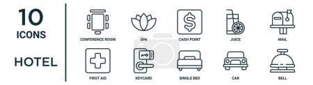 hotel outline icon set such as thin line conference room, cash point, mail, keycard, car, bell, first aid icons for report, presentation, diagram, web design