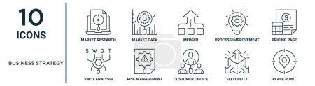 conjunto de iconos de esquema de estrategia de negocio tales como investigación de mercado de línea delgada, fusión, página de precios, gestión de riesgos, flexibilidad, lugar, iconos de análisis de swot para informe, presentación, diagrama, web