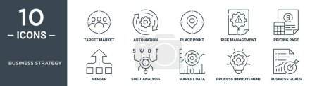 business strategy outline icon set includes thin line target market, automation, place point, risk management, pricing page, merger, swot analysis icons for report, presentation, diagram, web design