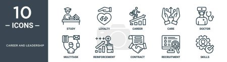 Karriere- und Führungssymbolset umfasst Thin-Line-Studie, Loyalität, Karriere, Pflege, Arzt, Multitasking, Verstärkungssymbole für Bericht, Präsentation, Diagramm, Webdesign