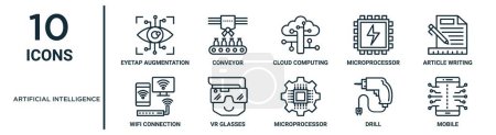 artificial intelligence outline icon set such as thin line eyetap augmentation, cloud computing, article writing, vr glasses, drill, mobile, wifi connection icons for report, presentation, diagram,