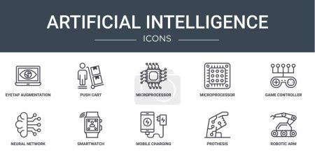 set of 10 outline web artificial intelligence icons such as eyetap augmentation, push cart, microprocessor, microprocessor, game controller, neural network, smartwatch vector icons for report,