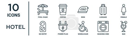 hotel outline icon set such as thin line pool chair, iron, female, power plug, washing hine, bar, no entry icons for report, presentation, diagram, web design