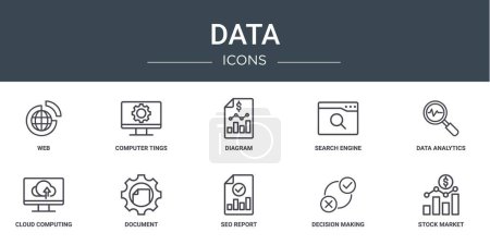 set of 10 outline web data icons such as web, computer tings, diagram, search engine, data analytics, cloud computing, document vector icons for report, presentation, diagram, web design, mobile app