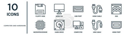 computer and hardware outline icon set such as thin line floppy disk, usb port, ssd, hard drive, usb cable, hdmi port, microprocessor icons for report, presentation, diagram, web design