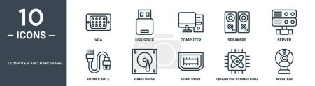 computer and hardware outline icon set includes thin line vga, usb stick, computer, speakers, server, hdmi cable, hard drive icons for report, presentation, diagram, web design