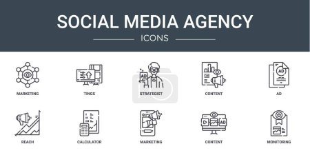 Illustration for Set of 10 outline web social media agency icons such as marketing, tings, strategist, content, ad, reach, calculator vector icons for report, presentation, diagram, web design, mobile app - Royalty Free Image
