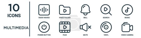 multimedia outline icon set such as thin line radio waves, bell, music, film, vinyl, video camera, power button icons for report, presentation, diagram, web design