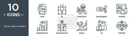 social media agency outline icon set includes thin line likes, de, strategist, engagement, cookies, demographic, demographic icons for report, presentation, diagram, web design