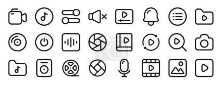 set of 24 outline web multimedia icons such as video camera, music, adjust, mute, online video, bell, menu vector icons for report, presentation, diagram, web design, mobile app