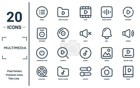 multimedia linear icon set. includes thin line menu, speaker, power button, film roll, book, mute, online video icons for report, presentation, diagram, web design