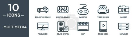 Multimedia-Icon-Set umfasst Thin-Line-Projektor, Steuergerät, Gamepad, Videoaufzeichnung, Kamera, Fernseher, Sound-System-Symbole für Bericht, Präsentation, Diagramm, Webdesign