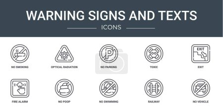 set of 10 outline web warning signs and texts icons such as no smoking, optical radiation, no parking, toxic, exit, fire alarm, no poop vector icons for report, presentation, diagram, web design,