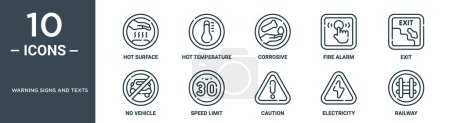 warning signs and texts outline icon set includes thin line hot surface, hot temperature, corrosive, fire alarm, exit, no vehicle, speed limit icons for report, presentation, diagram, web design