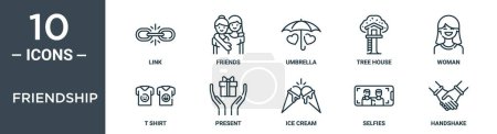 Das Freundschaftssymbolset beinhaltet einen dünnen Linienlink, Freunde, Regenschirm, Baumhaus, Frau, T-Shirt, aktuelle Symbole für Bericht, Präsentation, Diagramm, Webdesign