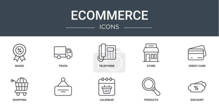 set of 10 outline web ecommerce icons such as badge, truck, telephone, store, credit card, shopping, vector icons for report, presentation, diagram, web design, mobile app