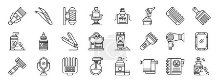 Illustration for Set of 24 outline web hairdressing icons such as trimmer, tweezers, barber pole, barber chair, apron, dye, comb vector icons for report, presentation, diagram, web design, mobile app - Royalty Free Image