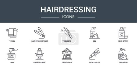 Illustration for Set of 10 outline web hairdressing icons such as towel, hair straightener, tweezers, gel, hair spray, wax, barber chair vector icons for report, presentation, diagram, web design, mobile app - Royalty Free Image