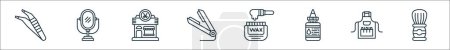outline set of hairdressing line icons. linear vector icons such as tweezers, mirror, hair salon, hair straightener, wax, hair dye, apron, brush
