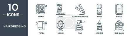 Téléchargez les illustrations : Jeu d'icônes de contour de coiffure comprend l'ordre du jour de la ligne mince, crème, lisseur de cheveux, brosse, miroir, serviette, icônes miroir pour rapport, présentation, diagramme, conception web - en licence libre de droit