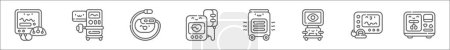 Ilustración de Esquema conjunto de iconos de línea de dispositivos electrónicos médicos. iconos vectoriales lineales como eeg, anestesia, marcapasos, oxímetro de pulso, unidad de hipotermia, dispositivo de facoemulsificación, desfibrilador, amaamador - Imagen libre de derechos