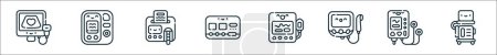 Ilustración de Esquema conjunto de iconos de línea de dispositivos electrónicos médicos. iconos vectoriales lineales como ecocardiografía, bomba de alimentación, orina, esu, mordisco, sistema de terapia por ultrasonido, emg, iabp - Imagen libre de derechos